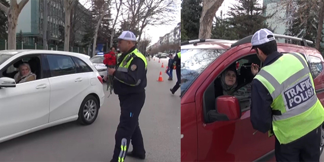 Konya’da trafik polisinden kadın sürücülere karanfil sürprizi