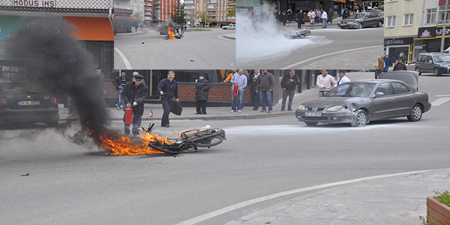 Otomobille çarpışan motosiklet alev alev yandı