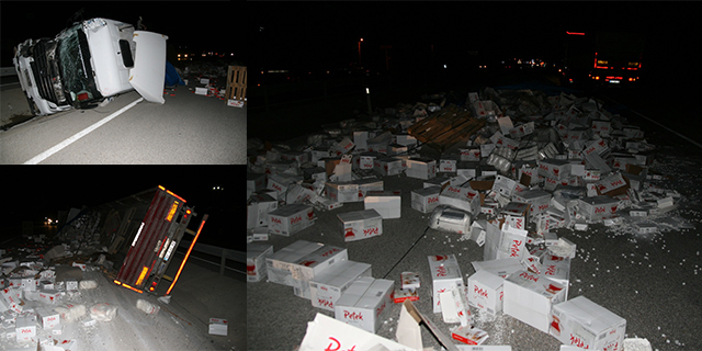 Devrilen tırdaki şekerler yola saçıldı, şoför yaralandı