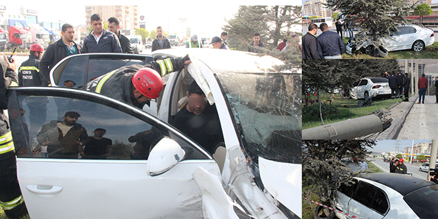 Kırmızı ışıkta sızan sürücü kendisini uyandıran polisi görüp kaçınca direğe çarptı