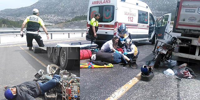 Tıra arkadan çarpan motosiklet sürücüsünü kaskı kurtardı