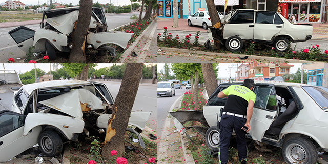 Ağaca çarparak hurdaya dönen otomobilden yaralı olarak kurtuldu