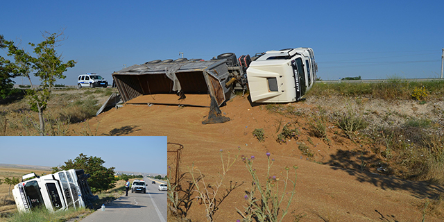 Konya’da buğday yüklü tır devrildi: 1 yaralı