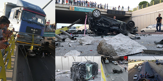 Kamyonun çarptığı otomobil alt geçide düştü