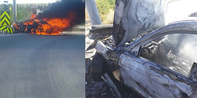 Bariyere çarpan lüks otomobil alev alev yandı