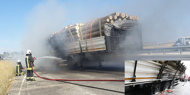 Tırın alev alan lastiğini itfaiye söndürdü