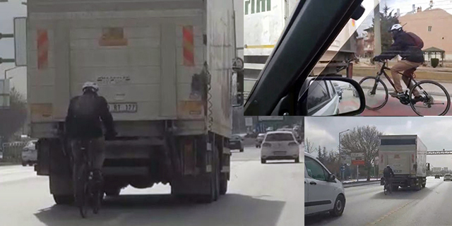 Bisikletle Kamyon Arkasındaki Tehlikeli Yolculuk Hayrete Düşürdü