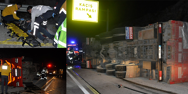 Kamyon Bariyerlere Çarparak Devrildi: 1 Yaralı