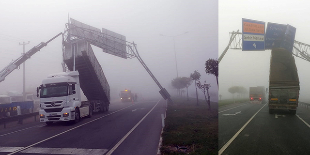 Açık unutulan damperli dorse yol tabelasına takıldı